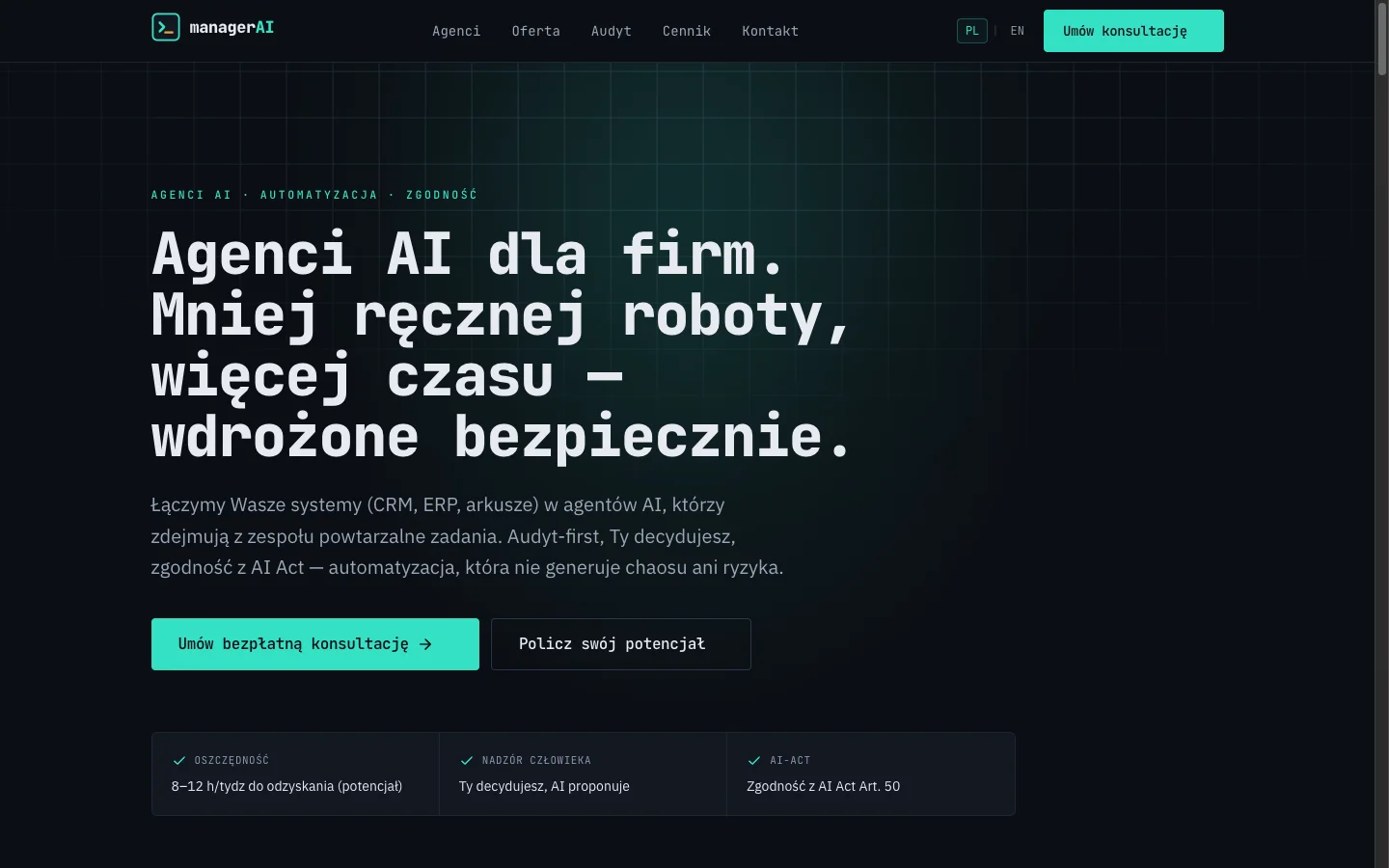managerai.eu – wdrożenia agentów AI i automatyzacji dla firm europejskich – projekt KlinWeb